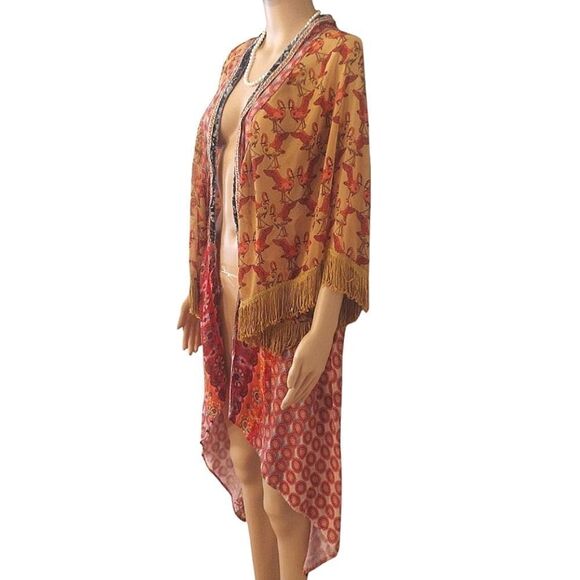 Ivy Jane Women's Size Small Floral Lace Mustard Gold Flamingo, Fringe Cardigan - Picture 2 of 12